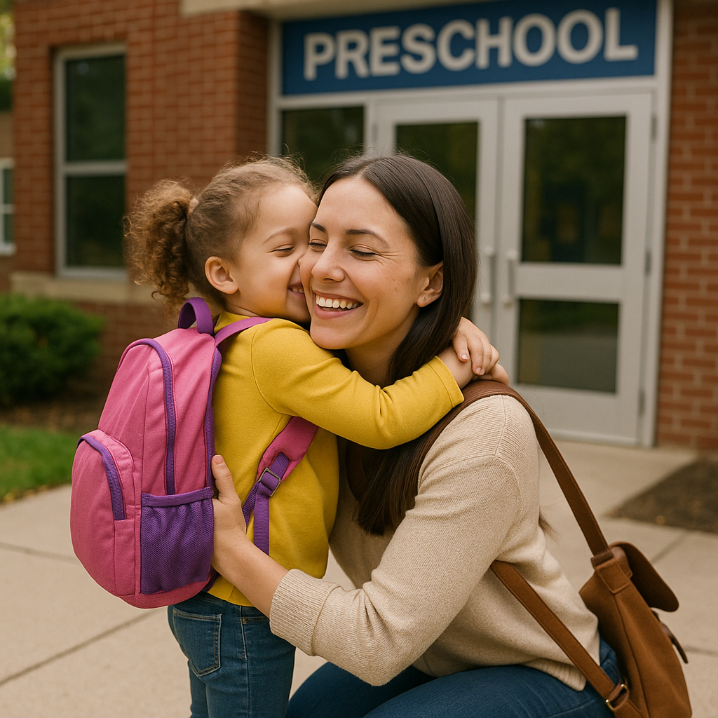 Parent hugging child at preschool dropoff on first day