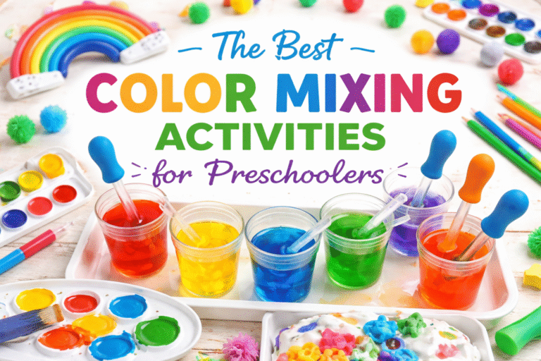 Color mixing activity setup with paint and mixing tools for preschoolers