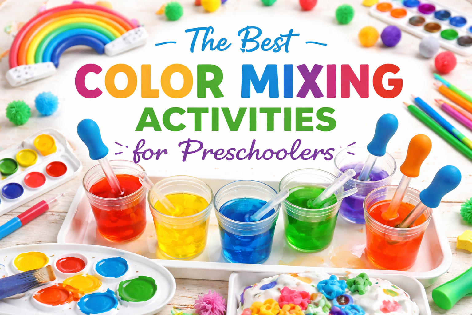 Color mixing activity setup with paint and mixing tools for preschoolers