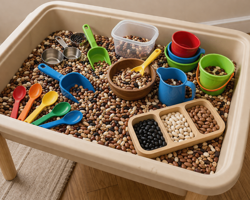 easy sensory bin with beans as a filler
