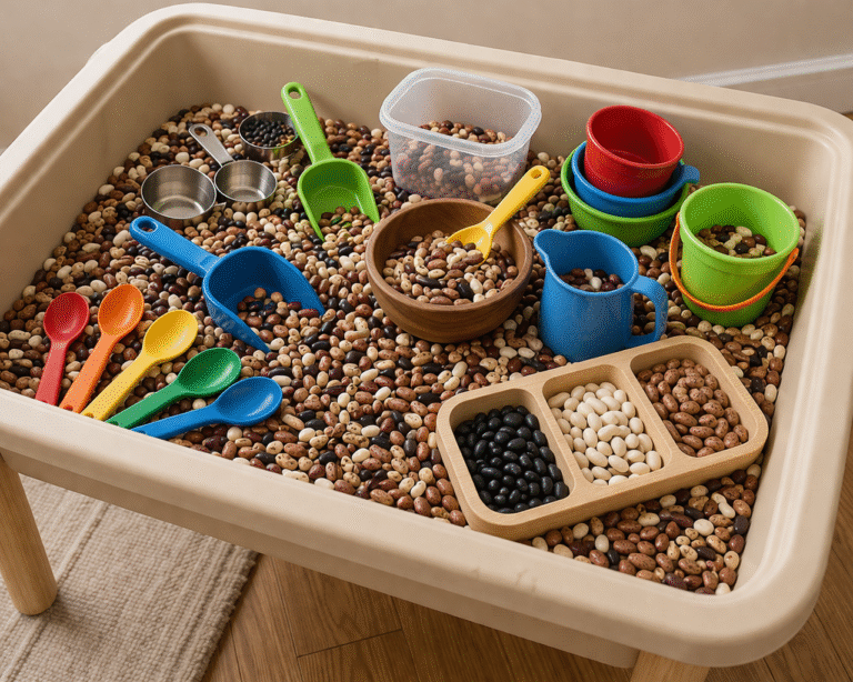 Sensory table filled with dried beans and scoops for preschool fine motor play