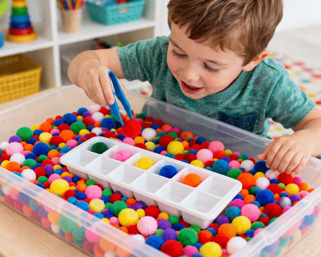 easy sensory bin of pop poms, ice cube trays, and tongs
