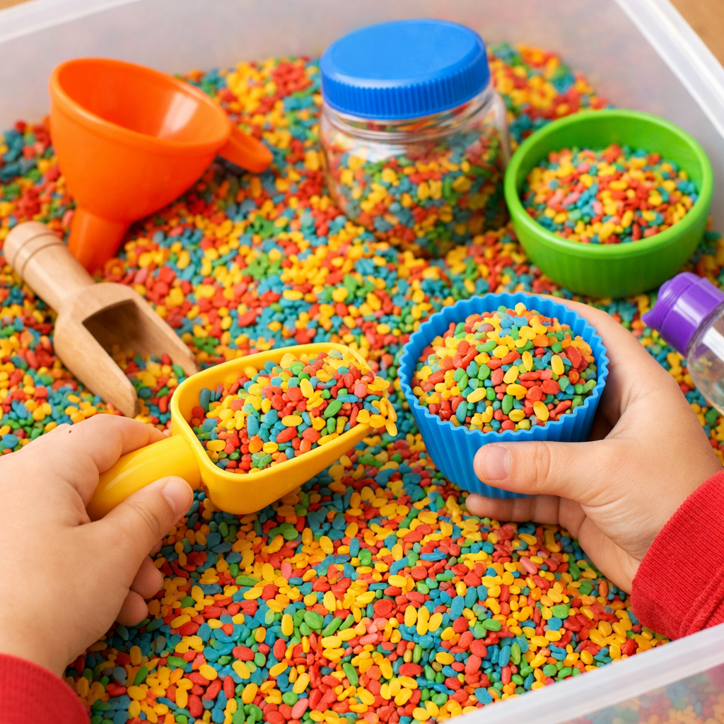 preschooler scooping colorful rice in a sensory bin
