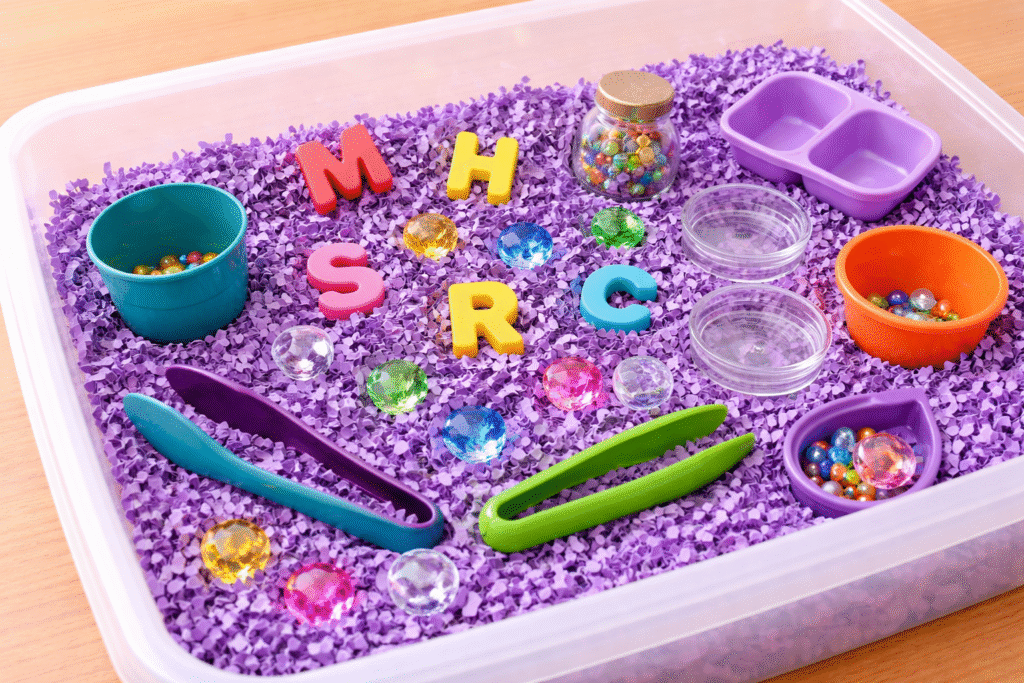 easy sensory bin of shredded paper, gems, tongs, and containers