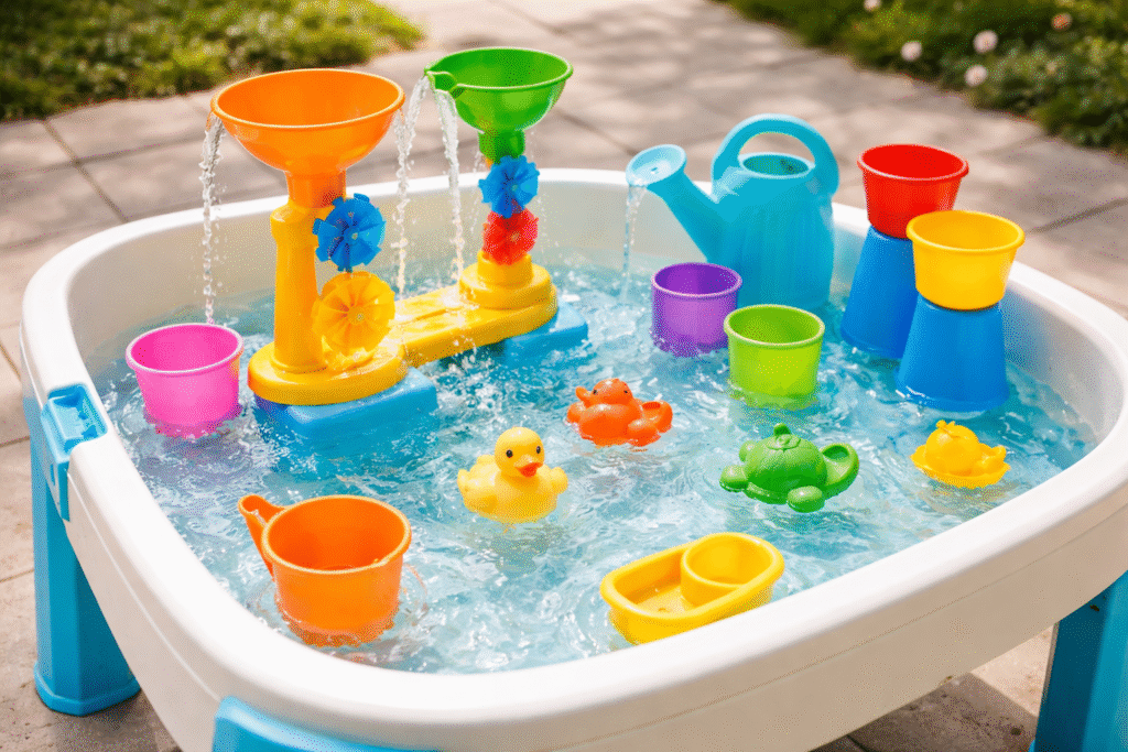 easy sensory bin water table with funnels, watering cans, and cups
