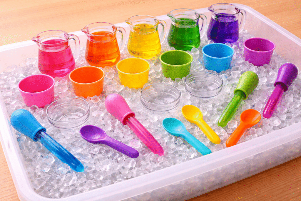 easy sensory bin of ice, with colorful water, droppers, spoons, and bowls