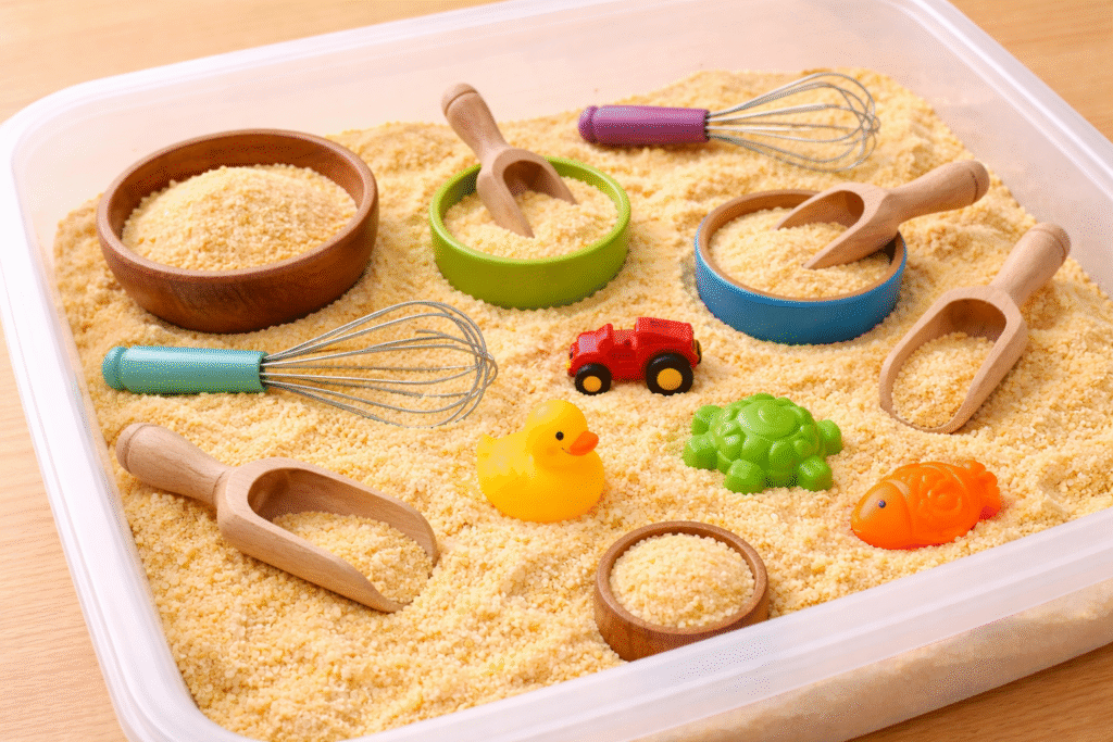 easy sensory bin of cornmeal, whisks, bowls, and scoops
