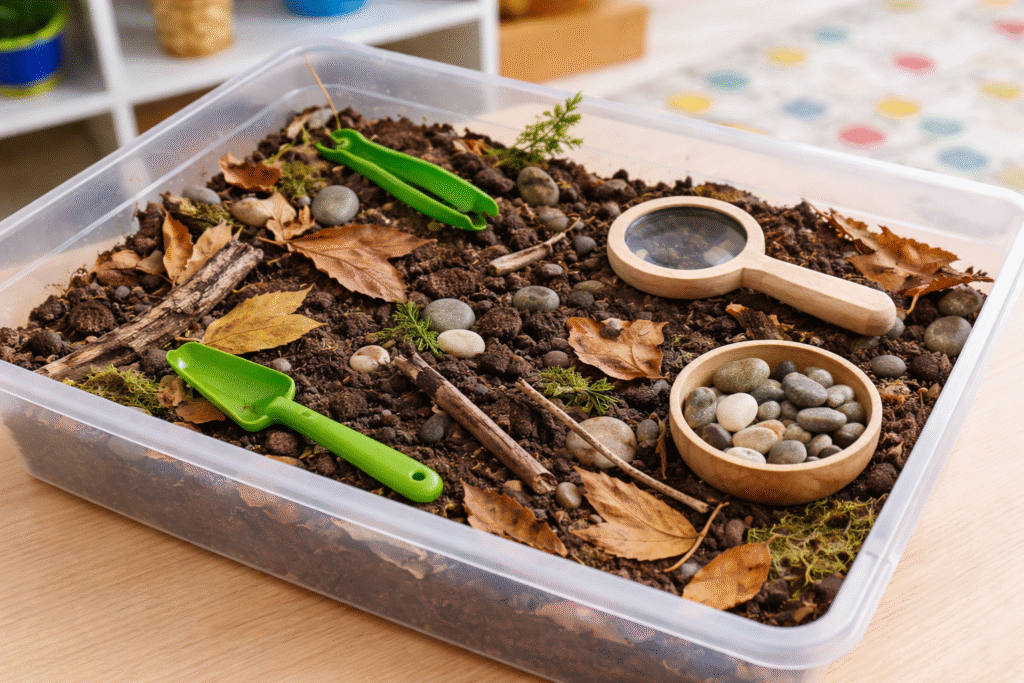 easy sensory tray of soil with leaves, sticks, rocks, and magnifying glasses