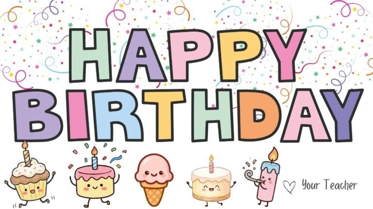 Colorful birthday-themed graphic design with balloons and cake icons for a classroom birthday celebrations blog post