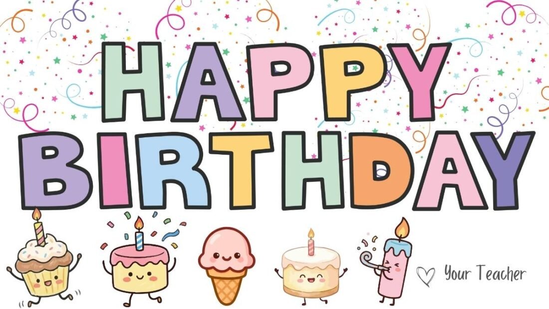 Colorful birthday-themed graphic design with balloons and cake icons for a classroom birthday celebrations blog post