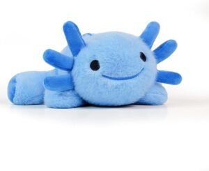 Blue axolotl stuffed animal with a friendly smile. Small enough to live in a backpack!