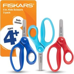 Fiskars scissors, blunt tip. Shows in dark blue, teal, and red.