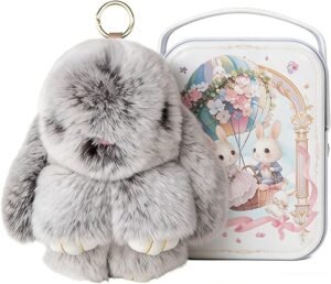 Super fluffy gray and white bunny keychain for backpack