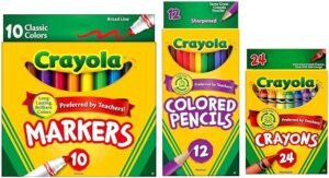 Crayola markers, colored pencils, and crayons